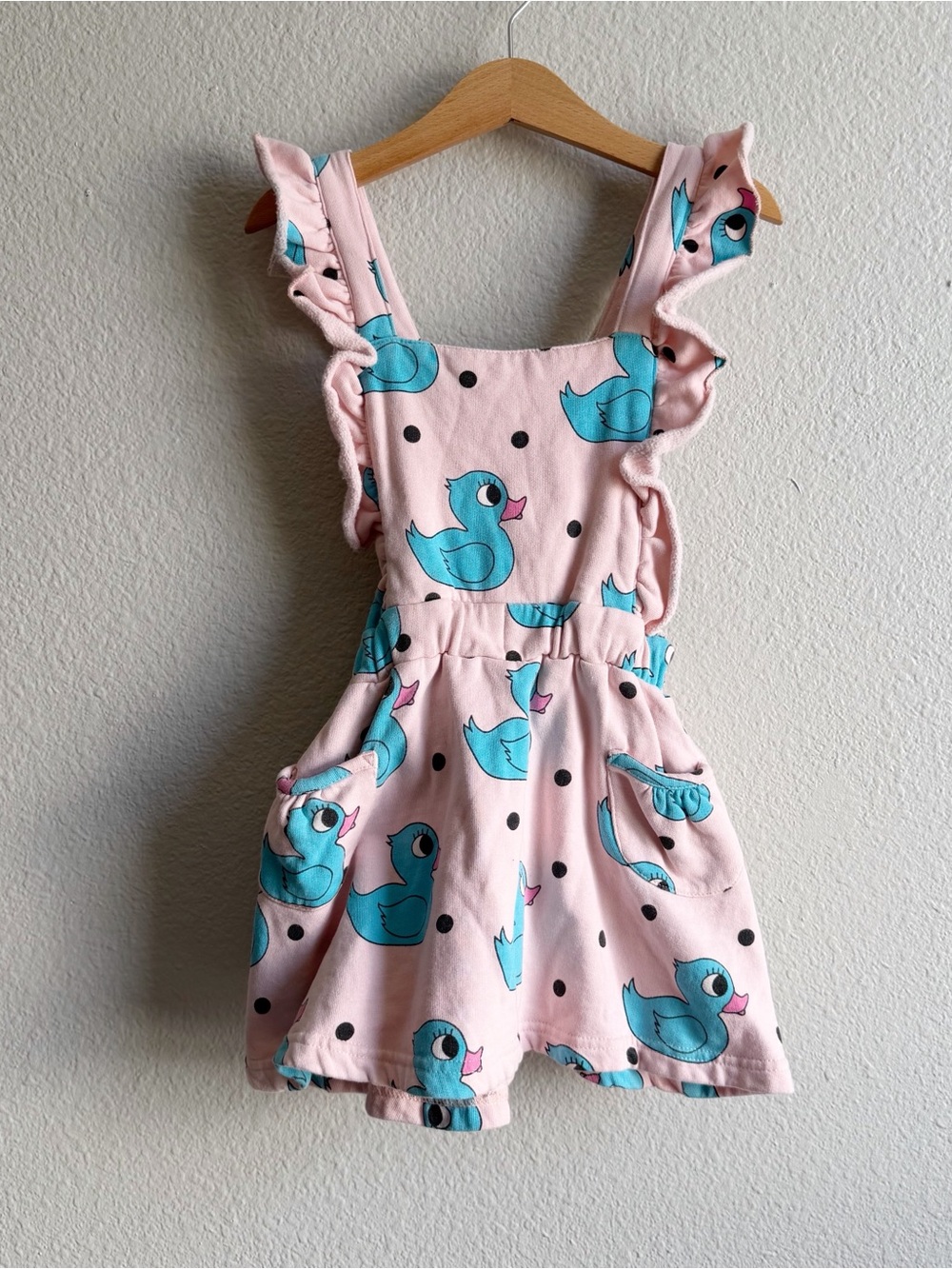 Hugo Loves Tiki Ruffle Hop Scotch Dress Pink Ducky Print Kids Size 6T